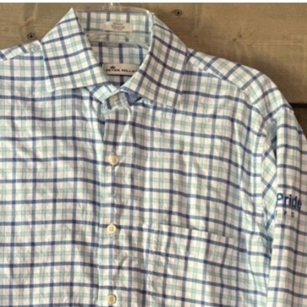 Peter Millar Blue White Check Button Up Shirt Men's Medium Cotton Golf Pride